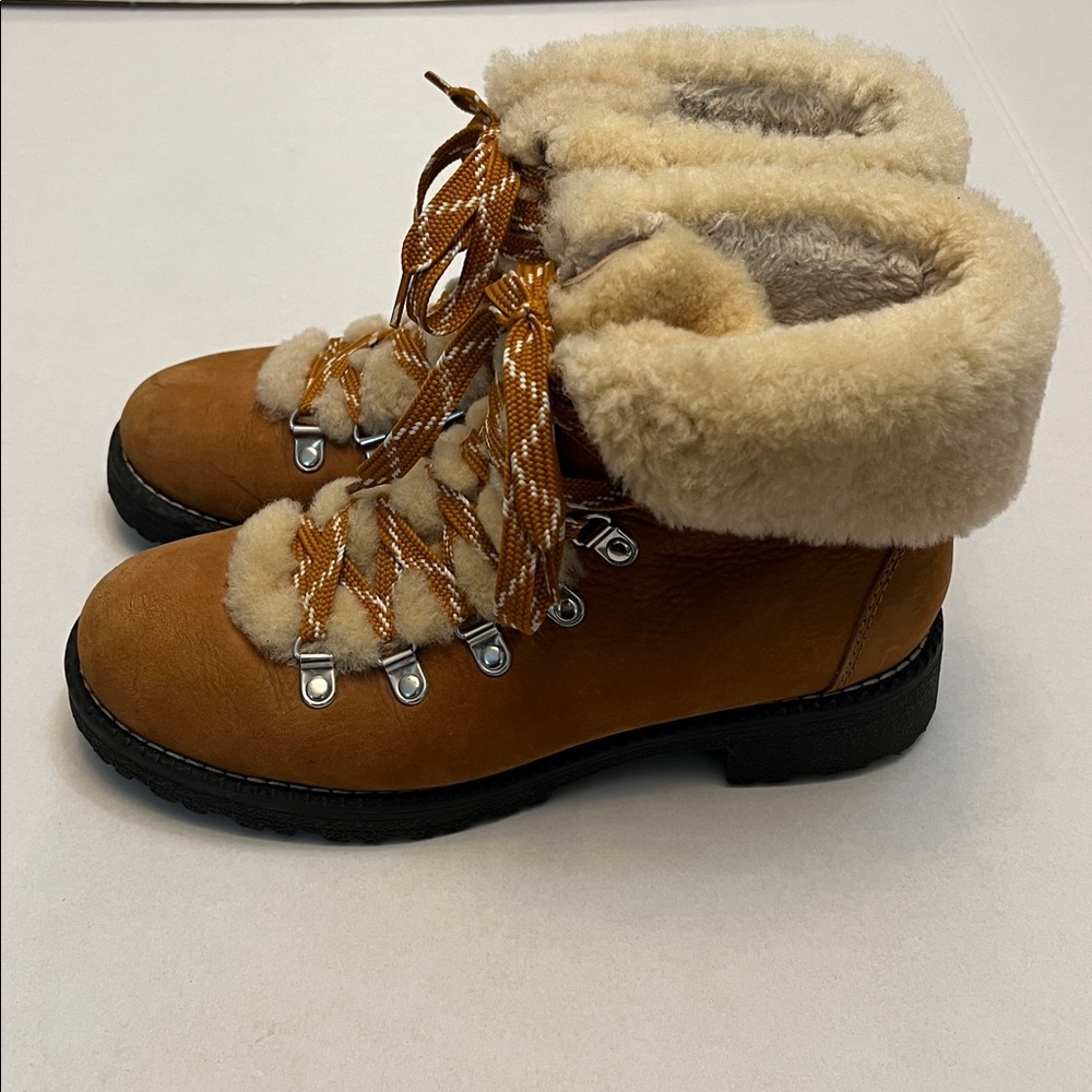 J.CREW FAUX FUR & LEATHER HIKING BOOTS CHESTNUT BROWN SIZE 8 WOMENS